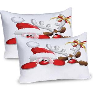 Ambesonne Christmas Pillow Sham, Funny Christmas Santa Claus and Reindeer Peeking Cartoon Style Humor, Decorative Standard Queen Size Printed Pillowcase, 30″ X 20″, Vermilion Caramel White(Vermilion Caramel White)