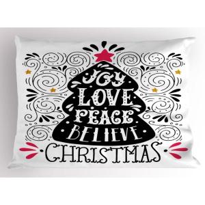 Ambesonne Christmas Pillow Sham Set of 2, Holiday Season Office Design Tree Celebration Snowflakes Celebration, Quality Microfiber Bedding Item for All Seasons, 30″ x 20″, White Green Red(Dark Coral Black White)