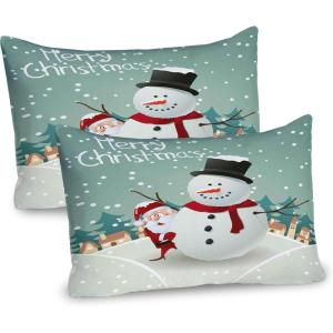 Ambesonne Christmas Pillow Sham Set of 2, Holiday Season Office Design Tree Celebration Snowflakes Celebration, Quality Microfiber Bedding Item for All Seasons, 30″ x 20″, White Green Red(Almond Green Eggshell)