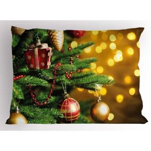 Ambesonne Christmas Pillow Sham Set of 2, Holiday Season Office Design Tree Celebration Snowflakes Celebration, Quality Microfiber Bedding Item for All Seasons, 30″ x 20″, White Green Red(Amber Green)
