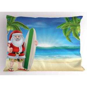 Ambesonne Christmas Pillow Sham Set of 2, Holiday Season Office Design Tree Celebration Snowflakes Celebration, Quality Microfiber Bedding Item for All Seasons, 30″ x 20″, White Green Red(Blue Green)