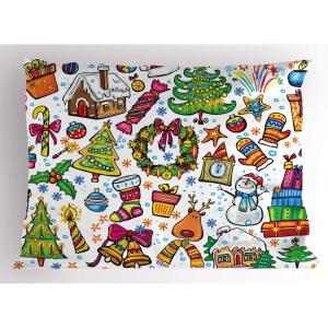 Ambesonne Christmas Pillow Sham Set of 2, Holiday Season Office Design Tree Celebration Snowflakes Celebration, Quality Microfiber Bedding Item for All Seasons, 30″ x 20″, White Green Red(Green Vermilion)