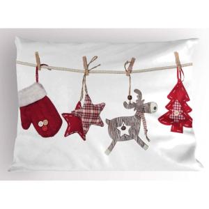 Ambesonne Christmas Pillow Sham Set of 2, Holiday Season Office Design Tree Celebration Snowflakes Celebration, Quality Microfiber Bedding Item for All Seasons, 30″ x 20″, White Green Red(Red Cream Tan)