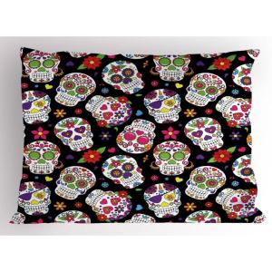 Ambesonne Christmas Pillow Sham Set of 2, Holiday Season Office Design Tree Celebration Snowflakes Celebration, Quality Microfiber Bedding Item for All Seasons, 30″ x 20″, White Green Red(Black Multicolor)