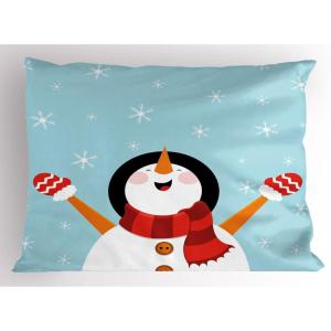 Ambesonne Christmas Pillow Sham, Snowy Winter Tree Branches Berries Bullfinch Birds Snowman Hat, Decorative Standard Size Printed Pillowcase, 26″ X 20″, Almond Green Orange(Vermilion Seafoam)