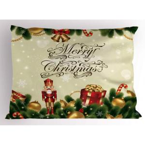 Ambesonne Christmas Pillow Sham, Snowy Winter Tree Branches Berries Bullfinch Birds Snowman Hat, Decorative Standard Size Printed Pillowcase, 26″ X 20″, Almond Green Orange(Emerald Pale Eggshell)