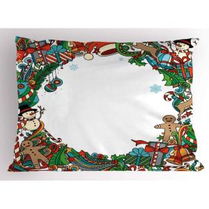 Ambesonne Christmas Pillow Sham, Snowy Winter Tree Branches Berries Bullfinch Birds Snowman Hat, Decorative Standard Size Printed Pillowcase, 26″ X 20″, Almond Green Orange(Green Vermilion White)