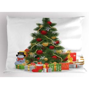 Ambesonne Christmas Pillow Sham, Snowy Winter Tree Branches Berries Bullfinch Birds Snowman Hat, Decorative Standard Size Printed Pillowcase, 26″ X 20″, Almond Green Orange(Green Yellow)