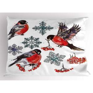 Ambesonne Christmas Pillow Sham, Snowy Winter Tree Branches Berries Bullfinch Birds Snowman Hat, Decorative Standard Size Printed Pillowcase, 26″ X 20″, Almond Green Orange(Scarlet Grey Black)