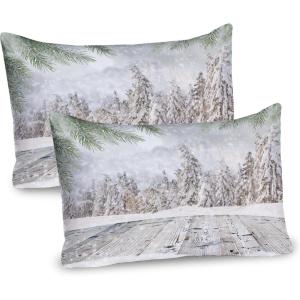 Ambesonne Christmas Pillow Sham, Snowy Winter Tree Branches Berries Bullfinch Birds Snowman Hat, Decorative Standard Size Printed Pillowcase, 26″ X 20″, Almond Green Orange(Green White Beige)