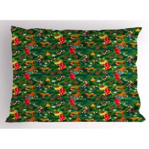 Ambesonne Christmas Pillow Sham, Snowy Winter Tree Branches Berries Bullfinch Birds Snowman Hat, Decorative Standard Size Printed Pillowcase, 26″ X 20″, Almond Green Orange(Dark Green Brown and Red)