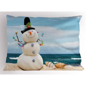 Ambesonne Christmas Pillow Sham, Snowy Winter Tree Branches Berries Bullfinch Birds Snowman Hat, Decorative Standard Size Printed Pillowcase, 26″ X 20″, Almond Green Orange(Blue Sand)