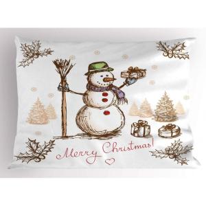 Ambesonne Christmas Pillow Sham, Snowy Winter Tree Branches Berries Bullfinch Birds Snowman Hat, Decorative Standard Size Printed Pillowcase, 26″ X 20″, Almond Green Orange(White Multicolor)