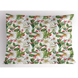 Ambesonne Christmas Pillow Sham, Snowy Winter Tree Branches Berries Bullfinch Birds Snowman Hat, Decorative Standard Size Printed Pillowcase, 26″ X 20″, Almond Green Orange(Vermilion Green Yellow)