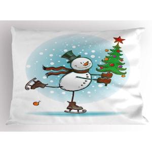 Ambesonne Christmas Pillow Sham, Snowy Winter Tree Branches Berries Bullfinch Birds Snowman Hat, Decorative Standard Size Printed Pillowcase, 26″ X 20″, Almond Green Orange(Green Brown Blue)