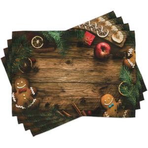 Ambesonne Christmas Place Mats Set of 4, Gingerbread Man Gift Box Coniferous Pine Cinnamon Dessert on Rustic Wood Theme, Washable Fabric Placemats for Dining Table, Standard Size, Green and Brown(Green and Brown)