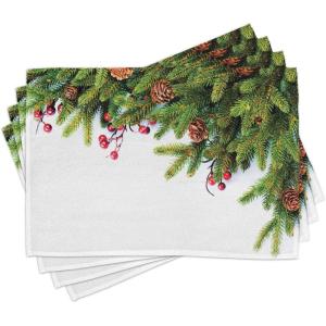 Ambesonne Christmas Place Mats Set of 4, Gingerbread Man Gift Box Coniferous Pine Cinnamon Dessert on Rustic Wood Theme, Washable Fabric Placemats for Dining Table, Standard Size, Green and Brown(Brown Green)