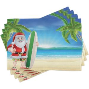 Ambesonne Christmas Place Mats Set of 4, Gingerbread Man Gift Box Coniferous Pine Cinnamon Dessert on Rustic Wood Theme, Washable Fabric Placemats for Dining Table, Standard Size, Green and Brown(Red and White)