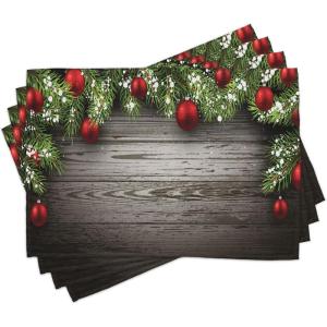 Ambesonne Christmas Place Mats Set of 4, Gingerbread Man Gift Box Coniferous Pine Cinnamon Dessert on Rustic Wood Theme, Washable Fabric Placemats for Dining Table, Standard Size, Green and Brown(Brown Red)