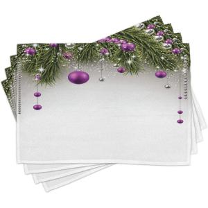 Ambesonne Christmas Place Mats Set of 4, Gingerbread Man Gift Box Coniferous Pine Cinnamon Dessert on Rustic Wood Theme, Washable Fabric Placemats for Dining Table, Standard Size, Green and Brown(Purple Grey)