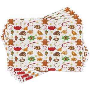 Ambesonne Christmas Place Mats Set of 4, Gingerbread Man Gift Box Coniferous Pine Cinnamon Dessert on Rustic Wood Theme, Washable Fabric Placemats for Dining Table, Standard Size, Green and Brown(Red Cinnamon)