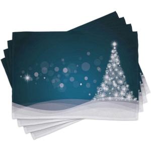 Ambesonne Christmas Place Mats Set of 4, Gingerbread Man Gift Box Coniferous Pine Cinnamon Dessert on Rustic Wood Theme, Washable Fabric Placemats for Dining Table, Standard Size, Green and Brown(White Blue)