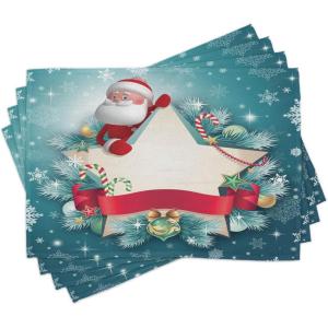 Ambesonne Christmas Place Mats Set of 4, Gingerbread Man Gift Box Coniferous Pine Cinnamon Dessert on Rustic Wood Theme, Washable Fabric Placemats for Dining Table, Standard Size, Green and Brown(White Red)