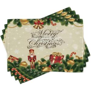 Ambesonne Christmas Place Mats Set of 4, Gingerbread Man Gift Box Coniferous Pine Cinnamon Dessert on Rustic Wood Theme, Washable Fabric Placemats for Dining Table, Standard Size, Green and Brown(Soft Green)