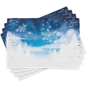 Ambesonne Christmas Place Mats Set of 4, Gingerbread Man Gift Box Coniferous Pine Cinnamon Dessert on Rustic Wood Theme, Washable Fabric Placemats for Dining Table, Standard Size, Green and Brown(White and Blue)