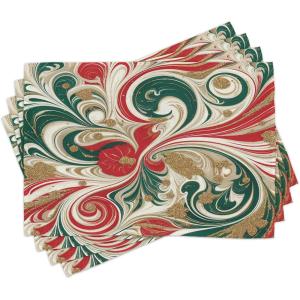 Ambesonne Christmas Place Mats Set of 4, Gingerbread Man Gift Box Coniferous Pine Cinnamon Dessert on Rustic Wood Theme, Washable Fabric Placemats for Dining Table, Standard Size, Green and Brown(Dark Pink Green Ivory)