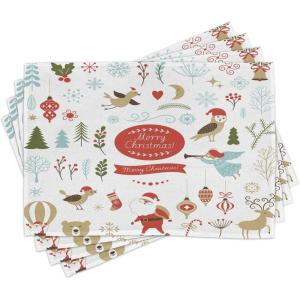 Ambesonne Christmas Place Mats Set of 4, Gingerbread Man Gift Box Coniferous Pine Cinnamon Dessert on Rustic Wood Theme, Washable Fabric Placemats for Dining Table, Standard Size, Green and Brown(Coral White)