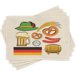 Ambesonne Christmas Place Mats Set of 4, Gingerbread Man Gift Box Coniferous Pine Cinnamon Dessert on Rustic Wood Theme, Washable Fabric Placemats for Dining Table, Standard Size, Green and Brown(Green Beige)