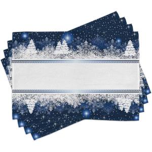 Ambesonne Christmas Place Mats Set of 8, Christmas at Countryside Theme Rustic Home Wooden Planks Borders Natural Design, Washable Fabric Placemats for Dining Table, Placemat 8 pcs, Umber Green(Blue and White)