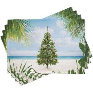 Ambesonne Christmas Place Mats Set of 8, Christmas at Countryside Theme Rustic Home Wooden Planks Borders Natural Design, Washable Fabric Placemats for Dining Table, Placemat 8 pcs, Umber Green(Green Cream)