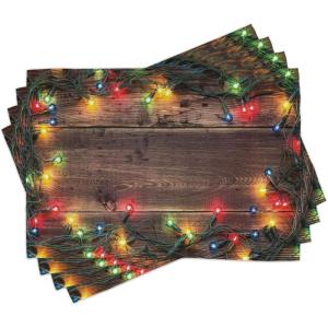Ambesonne Christmas Place Mats Set of 8, Christmas at Countryside Theme Rustic Home Wooden Planks Borders Natural Design, Washable Fabric Placemats for Dining Table, Placemat 8 pcs, Umber Green(Umber Green)
