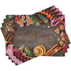 Ambesonne Christmas Place Mats Set of 8, Christmas at Countryside Theme Rustic Home Wooden Planks Borders Natural Design, Washable Fabric Placemats for Dining Table, Placemat 8 pcs, Umber Green(Dark Cocoa)