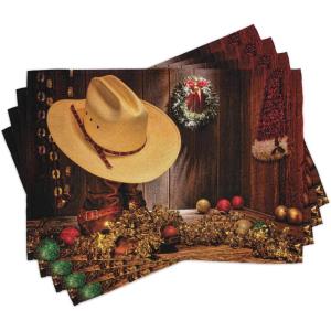 Ambesonne Christmas Place Mats Set of 8, Christmas at Countryside Theme Rustic Home Wooden Planks Borders Natural Design, Washable Fabric Placemats for Dining Table, Placemat 8 pcs, Umber Green(Brown Cream)