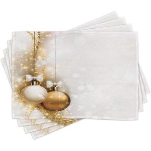 Ambesonne Christmas Place Mats Set of 8, Christmas at Countryside Theme Rustic Home Wooden Planks Borders Natural Design, Washable Fabric Placemats for Dining Table, Placemat 8 pcs, Umber Green(White Beige)