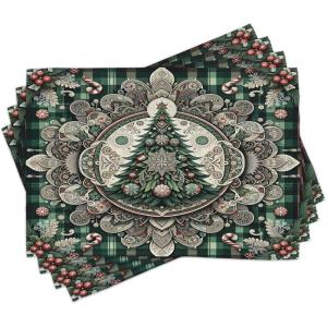 Ambesonne Christmas Place Mats Set of 8, Christmas at Countryside Theme Rustic Home Wooden Planks Borders Natural Design, Washable Fabric Placemats for Dining Table, Placemat 8 pcs, Umber Green(Hunter Green Grey Coral)