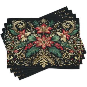 Ambesonne Christmas Place Mats Set of 8, Christmas at Countryside Theme Rustic Home Wooden Planks Borders Natural Design, Washable Fabric Placemats for Dining Table, Placemat 8 pcs, Umber Green(Dark Pink Green Khaki)