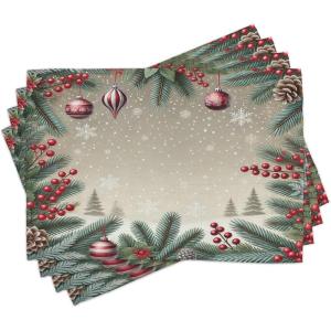 Ambesonne Christmas Place Mats Set of 8, Christmas at Countryside Theme Rustic Home Wooden Planks Borders Natural Design, Washable Fabric Placemats for Dining Table, Placemat 8 pcs, Umber Green(Ruby Khaki Cadet Blue)