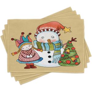 Ambesonne Christmas Place Mats Set of 8, Christmas at Countryside Theme Rustic Home Wooden Planks Borders Natural Design, Washable Fabric Placemats for Dining Table, Placemat 8 pcs, Umber Green(Beige)