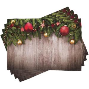 Ambesonne Christmas Place Mats Set of 8, Christmas at Countryside Theme Rustic Home Wooden Planks Borders Natural Design, Washable Fabric Placemats for Dining Table, Placemat 8 pcs, Umber Green(Beige Green)