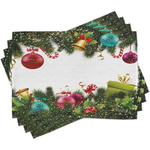 Ambesonne Christmas Place Mats Set of 8, Christmas at Countryside Theme Rustic Home Wooden Planks Borders Natural Design, Washable Fabric Placemats for Dining Table, Placemat 8 pcs, Umber Green(Rainbow)