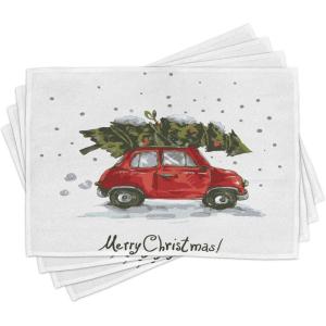 Ambesonne Christmas Place Mats Set of 8, Christmas at Countryside Theme Rustic Home Wooden Planks Borders Natural Design, Washable Fabric Placemats for Dining Table, Placemat 8 pcs, Umber Green(Green Red)