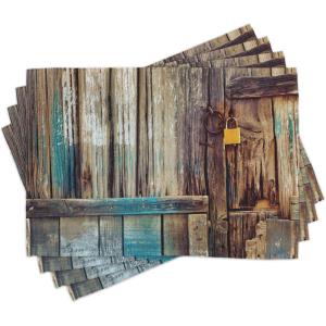 Ambesonne Christmas Place Mats Set of 8, Christmas at Countryside Theme Rustic Home Wooden Planks Borders Natural Design, Washable Fabric Placemats for Dining Table, Placemat 8 pcs, Umber Green(Brown Teal)