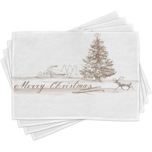 Ambesonne Christmas Place Mats Set of 8, Christmas at Countryside Theme Rustic Home Wooden Planks Borders Natural Design, Washable Fabric Placemats for Dining Table, Placemat 8 pcs, Umber Green(Warm Taupe)