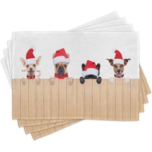 Ambesonne Christmas Place Mats Set of 8, Xmas Baubles on Snow Snowflakes Ice Holiday Humanitarian Art Illustration, Washable Fabric Placemats for Dining Table, Placemat 8 pcs, Red White(Tan Red)