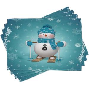 Ambesonne Christmas Place Mats Set of 8, Xmas Baubles on Snow Snowflakes Ice Holiday Humanitarian Art Illustration, Washable Fabric Placemats for Dining Table, Placemat 8 pcs, Red White(Brown Turquoise)