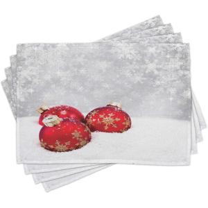 Ambesonne Christmas Place Mats Set of 8, Xmas Baubles on Snow Snowflakes Ice Holiday Humanitarian Art Illustration, Washable Fabric Placemats for Dining Table, Placemat 8 pcs, Red White(Red White)